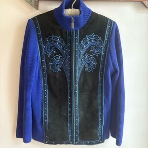Bob Mackie Wearable Art black suede and royal blue knit full-zip jacket XS
